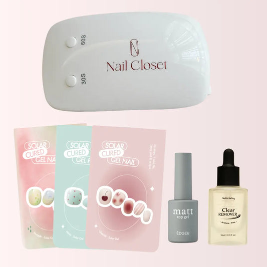 Set I-美甲新手必備套裝|指甲貼初學者專業組合 - 3款精選半固化凝膠指甲貼+紅光美甲燈+Top Gel面油+卸甲精華油|香港DIY美甲入門首選
