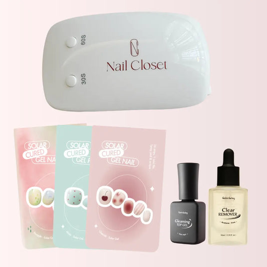 Set I-美甲新手必備套裝|指甲貼初學者專業組合 - 3款精選半固化凝膠指甲貼+紅光美甲燈+Top Gel面油+卸甲精華油|香港DIY美甲入門首選