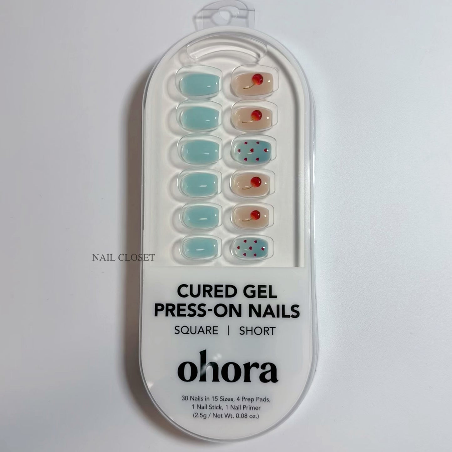 Ohora Gel Press-On Nails - Cherry Soda (Short Square) Retro Pop Red Cherry Heart Blue Manicure
