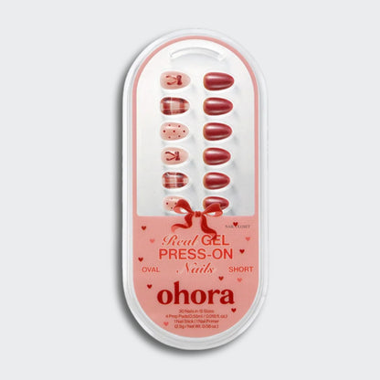 ohora Blush Bow (Short Oval)｜粉紅酒紅貓眼短橢圓穿戴甲