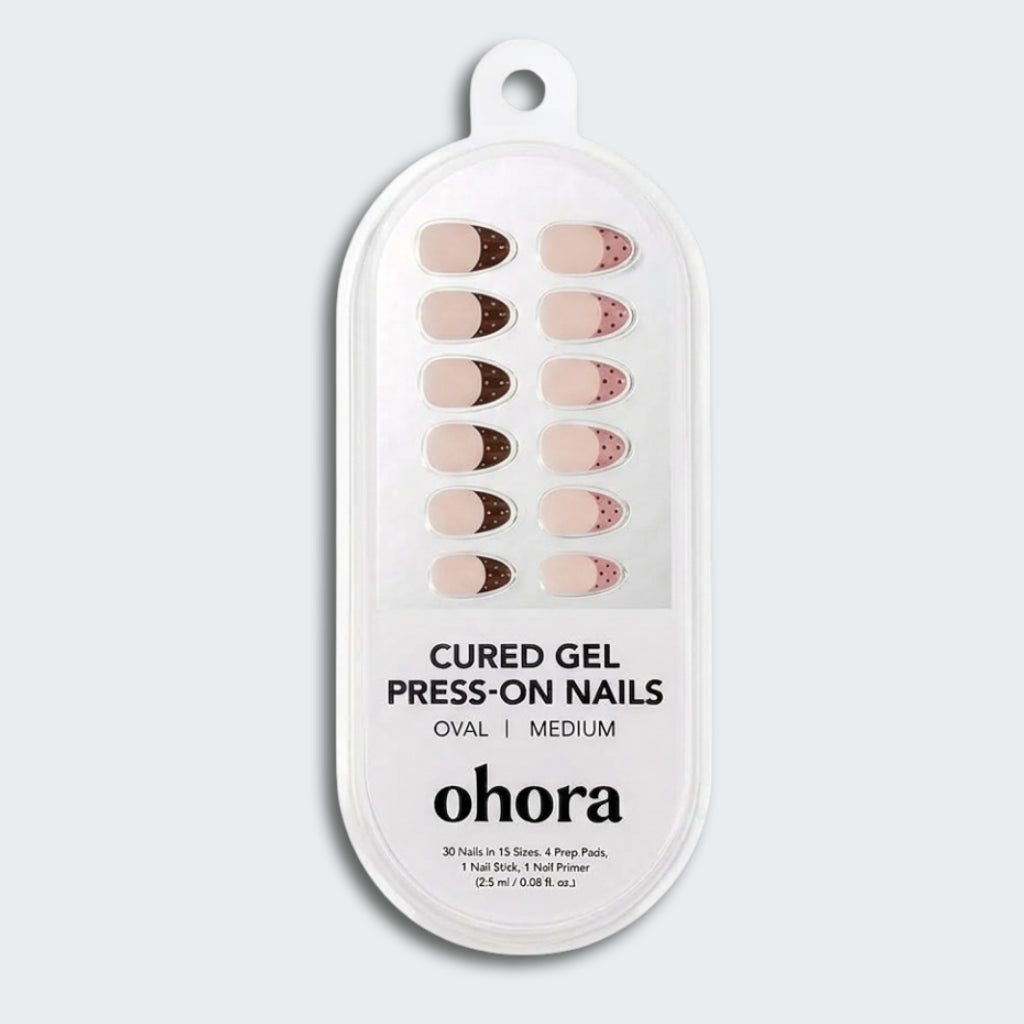 ohora Polka Brownie Medium Oval milky pink with chocolate brown French tips gel press-on nails