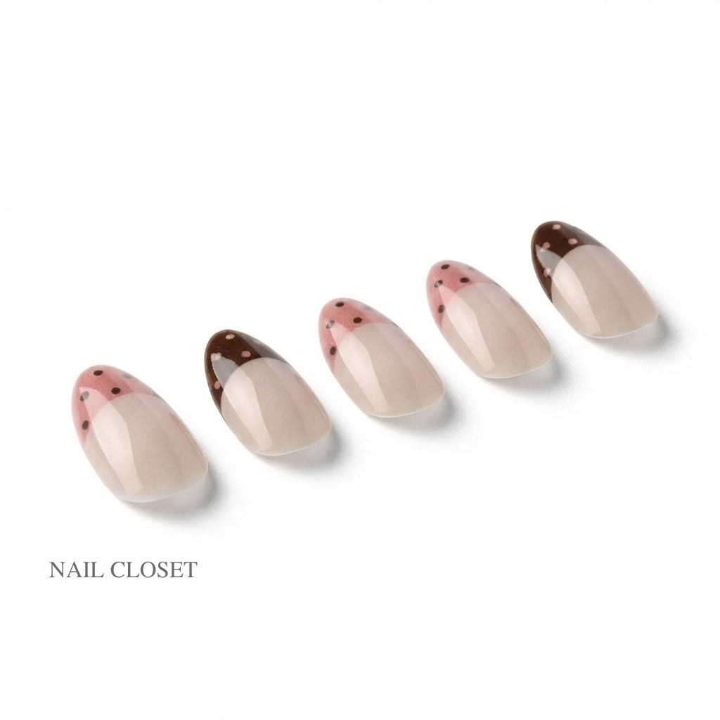 ohora Polka Brownie Medium Oval milky pink with chocolate brown French tips gel press-on nails