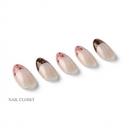 ohora Polka Brownie Medium Oval milky pink with chocolate brown French tips gel press-on nails
