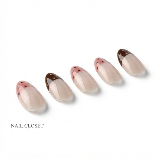 ohora Polka Brownie Medium Oval milky pink with chocolate brown French tips gel press-on nails