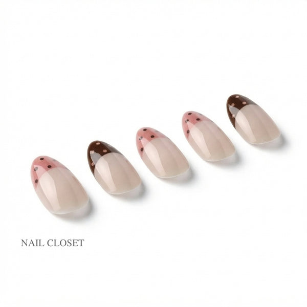 ohora Polka Brownie Medium Oval milky pink with chocolate brown French tips gel press-on nails